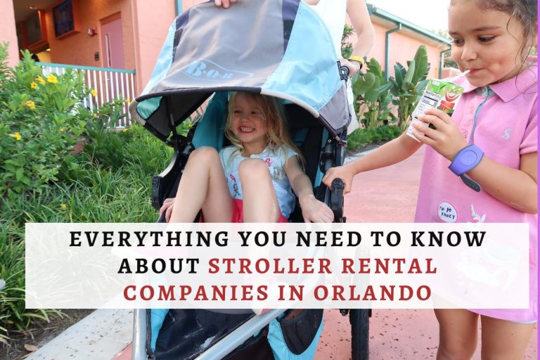 a rental stroller and two girls at a disney resort