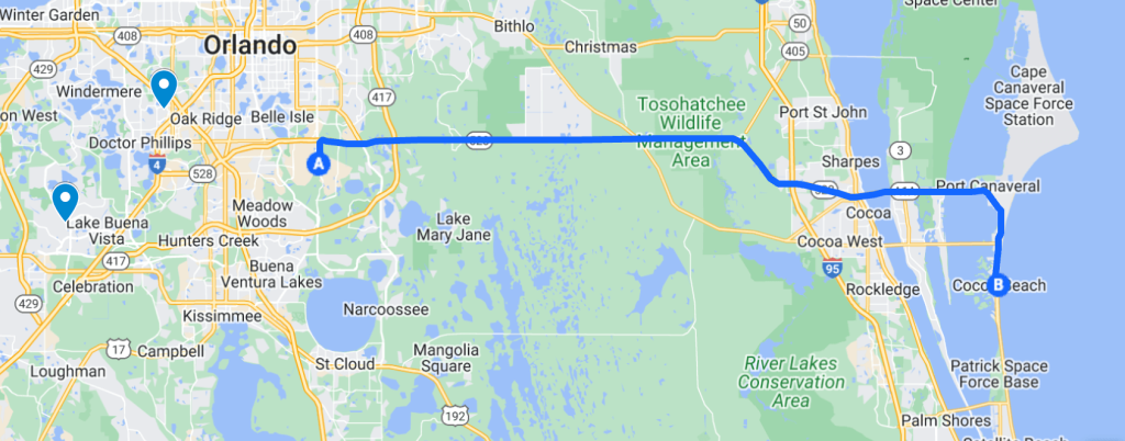 (©2023 Google Maps) Map of Orlando MCO airport to Cocoa Beach route along the 528